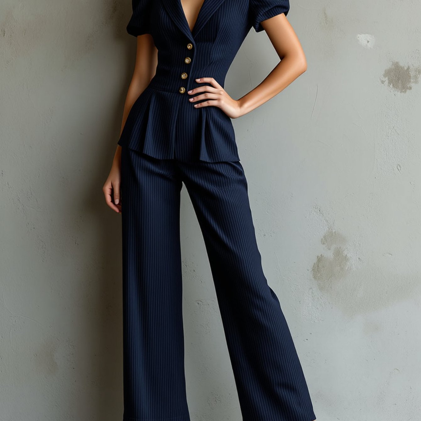 Image of Women's Lapel Puff Short Sleeve Vertical Stripe Top And High-waist Wide-leg Pants Set, Single-breasted Waist , Suitable For Many Occasions All Year Round To Create Delicate And Outfit Look