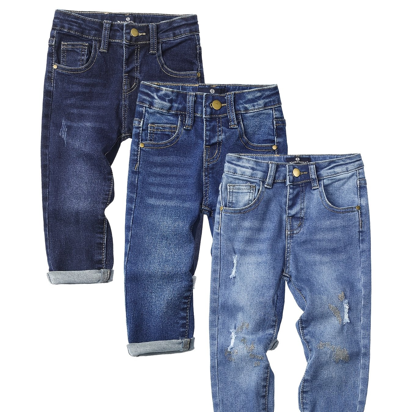 3pcs Of Boys' Elastic Jeans, Slim-fit Ripped Long Pants, Blend With Pockets, Suitable For Casual , Versatile, Suitable For , Autumn Essentials