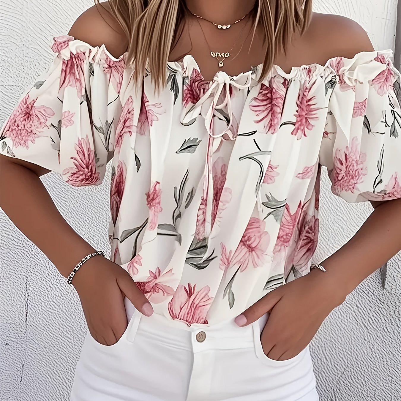 E-shop 2025 Export Sexy V-Ausschnitt schulterfreie Chiffon Bluse Damen Western locker bedruckt Langarm T-Shirt Top