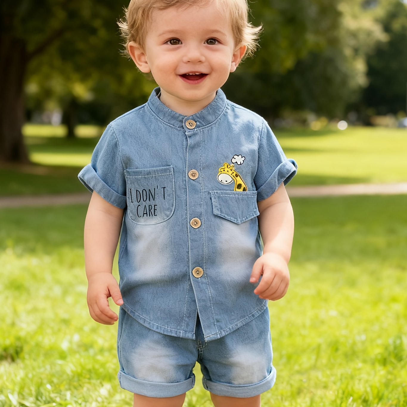 Image of Boys' Summer New Short Sleeve Set With Cartoon Deer Shirt And Denim Pants, Perfect For Outdoor