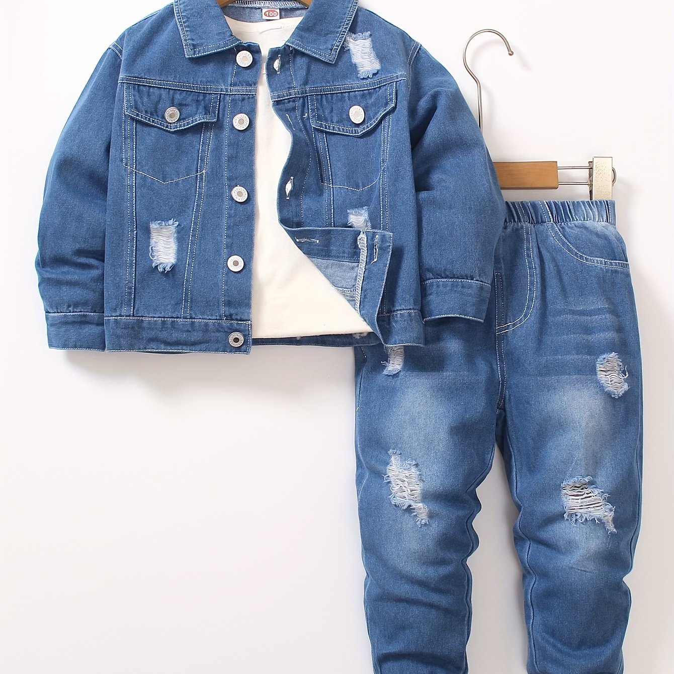 Image of Boys' Spring/autumn Ripped Denim Long-sleeve Top With Elastic-waist Ripped Denim Trousers, Perfect For Outdoor