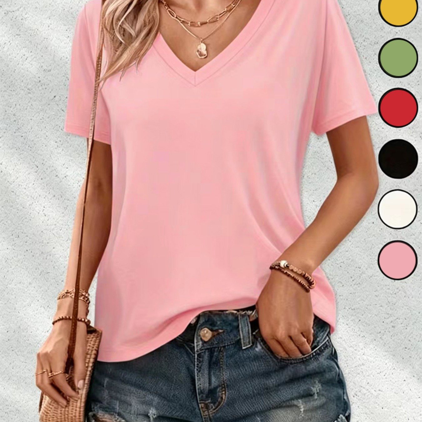TEMU Women's Fashion Lazy Style Short Sleeve V-neck T-shirt, Spring Summer Versatile Single Item, Solid Color T-shirt
