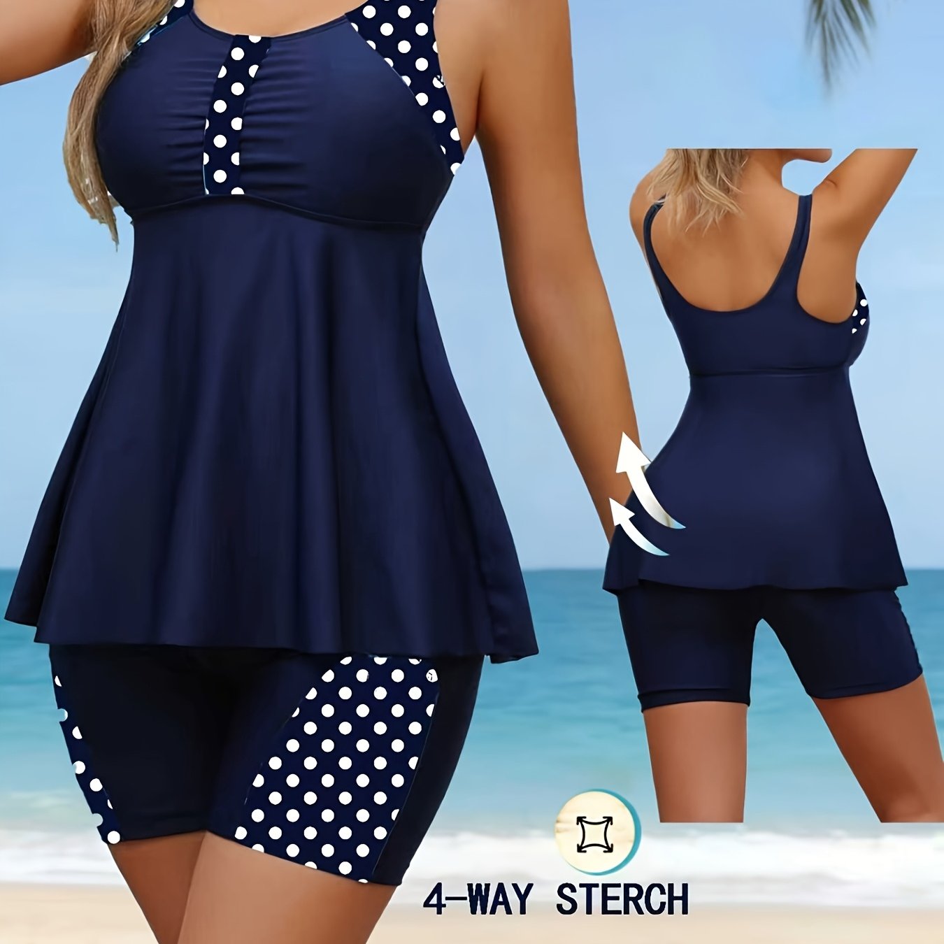 Image of Women's, Navy Blue, Polka Dot Print, Round Neck, 2pcs Set, Tankini, Swimsuit