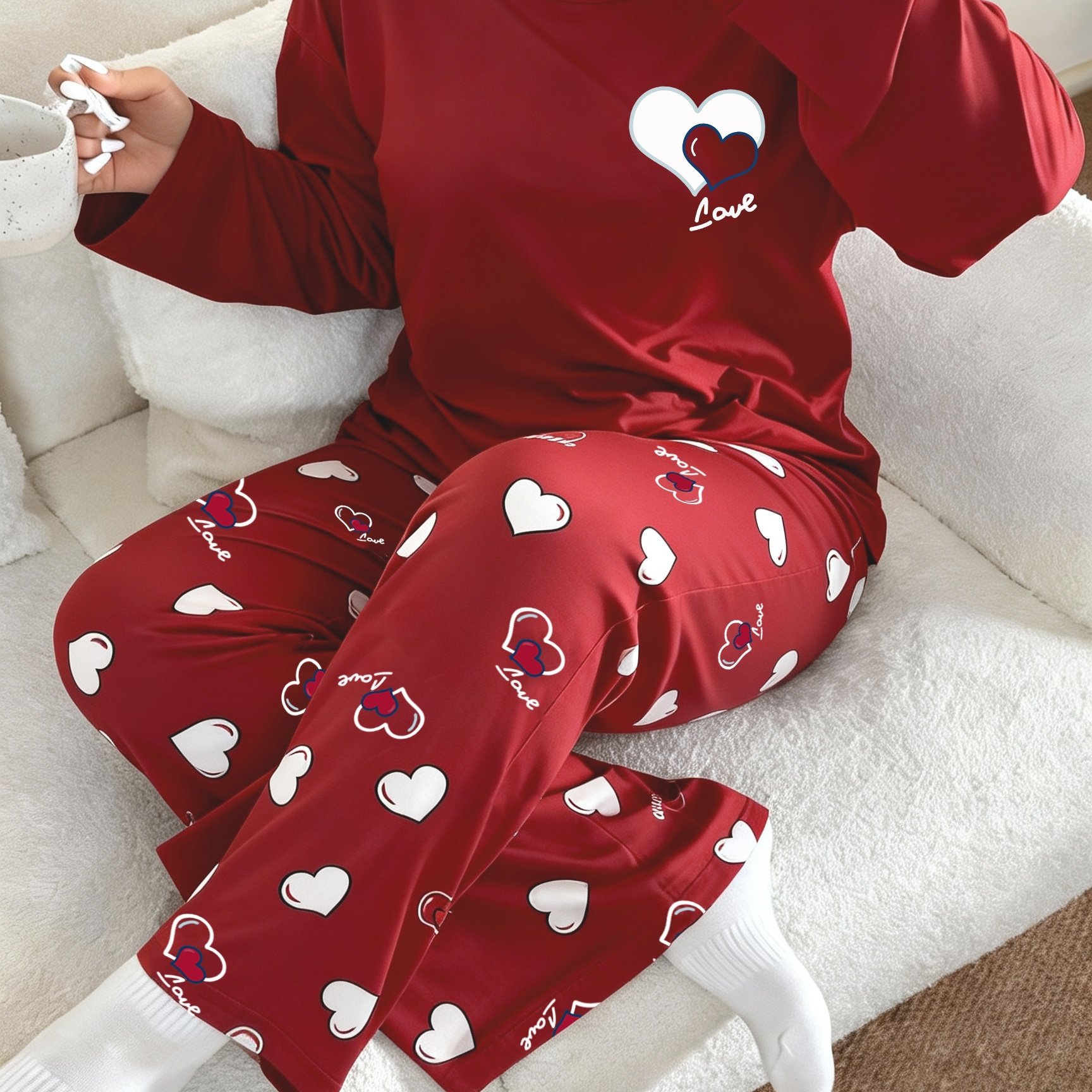 Image of Plus Size Women's Pajama Set, Red Heart Round Neck Long Sleeve Top And Pants, Plus Size Loose Soft Comfortable Casual, Suitable For Autumn And Winter