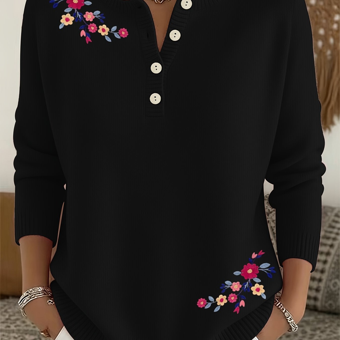 TEMU Women's New Fashionable Half-button Sweater, Featuring A Round Neck And Long Sleeves, With A Beautiful Printed Design. A Stylish, Trendy, And
