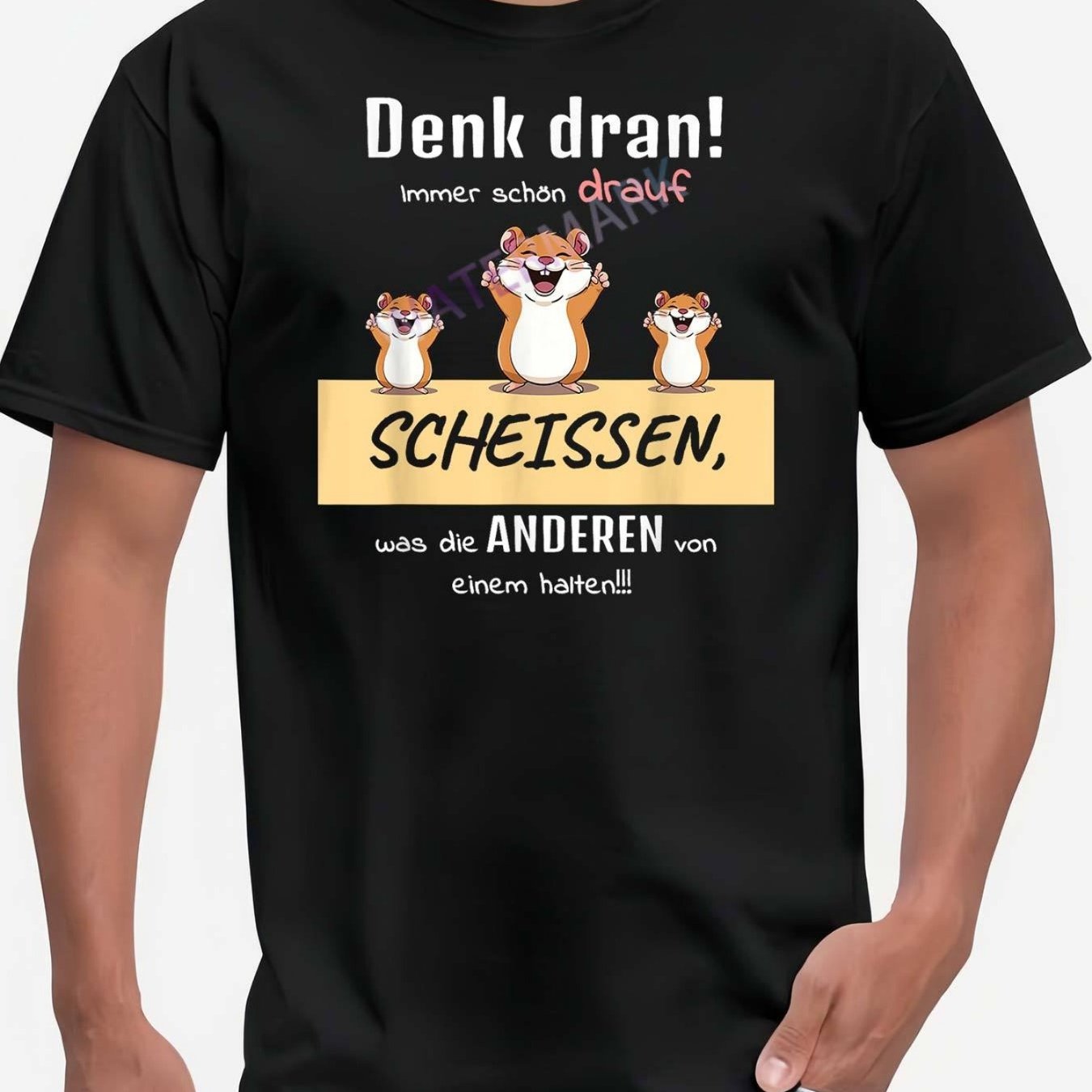 Men's Funny German Saying T-shirt With Cartoon Hamsters & German Text | Black Slim-fit Tee, Denk Dran! , German Learner Gift, Casual Short Sleeve Shirt For German Language Students & Hamster Lovers