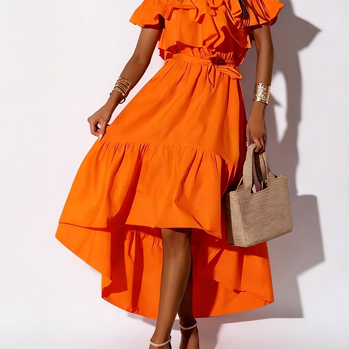TEMU New European And Fashionable And Elegant Solid -shoulder Ruffle Hem Irregular Train Dress For Vacation, Parties, And Festivals