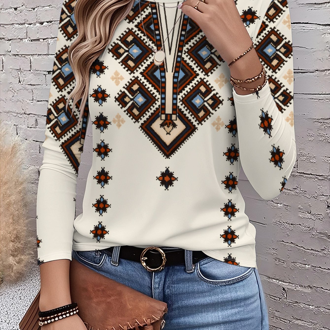 TEMU African Totem Pattern Full Body Print Graphic Print T-shirt, Long Sleeve Crew Neck Casual Top, Spring Autumn, Women's Clothing-085