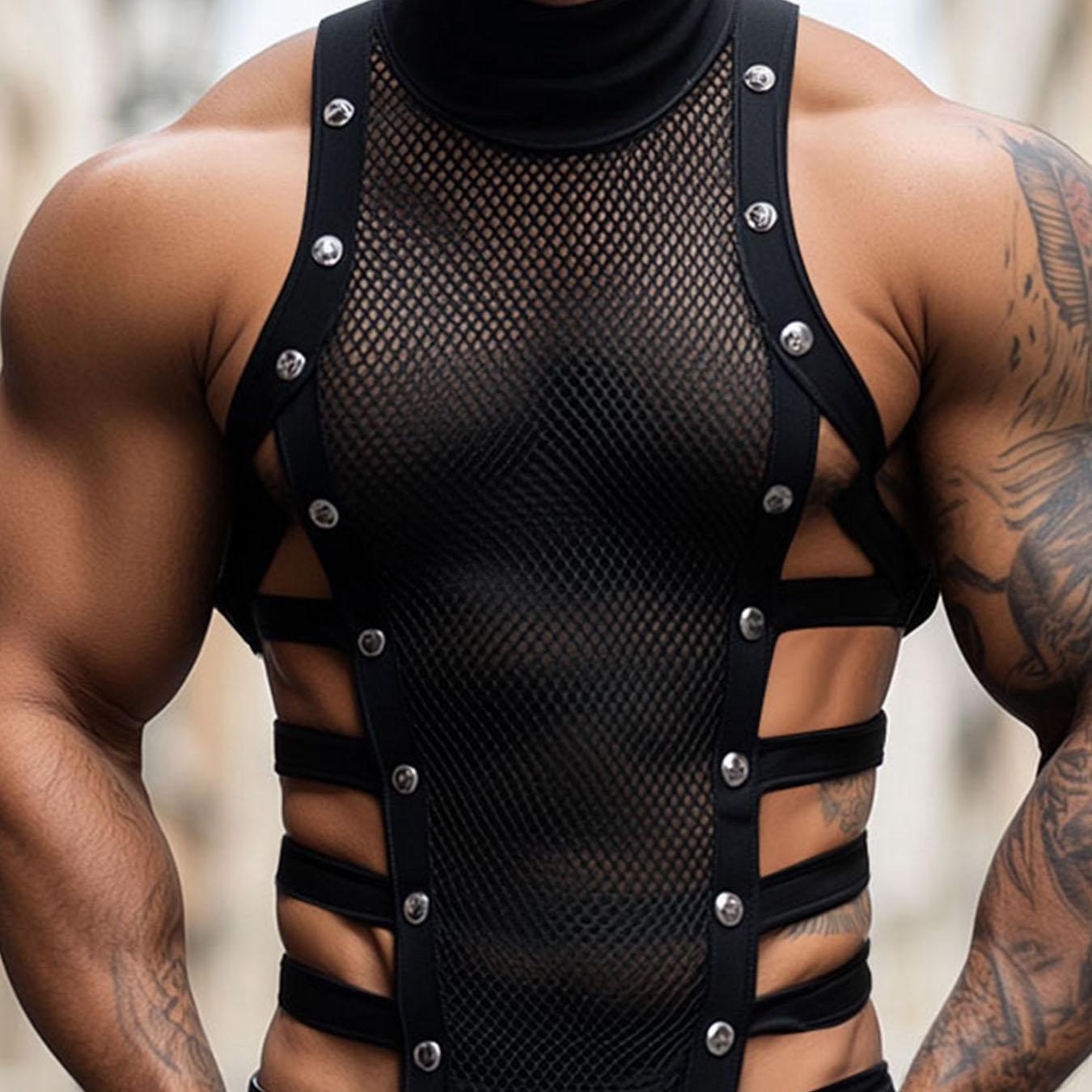 E-shop Herren Party-Tanktops mit Metallknöpfen, Fischnetz-Patchwork, Lochmuster, Rollkragen, ärmellos, eng anliegend, Nachtclub-Party, lässiges Weste