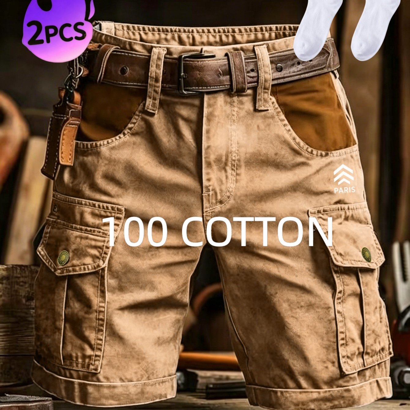 Heavy Washed Outdoor Workwear Cargo Shorts For Men 2pcs Set Compass Pattern 100% Belt Loops Multi-side Tool Pockets Camping Gardening Shorts Matching White Socks Bundle