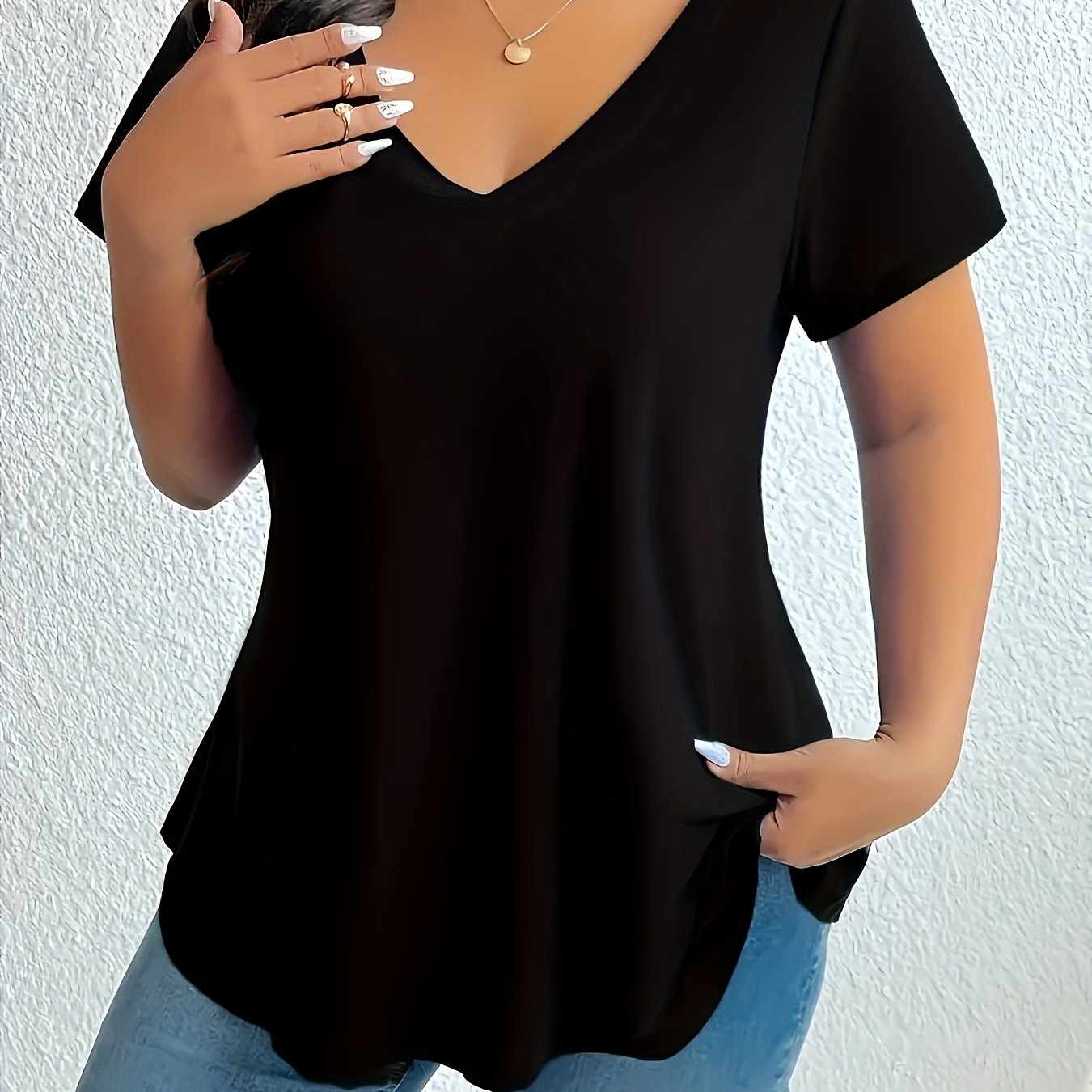 E-shop Damen-T-Shirt in Übergröße, elegant, kurzärmelig mit V-Ausschnitt für Frühling/Sommer, bequeme lockere Passform mit leichtem Stretch