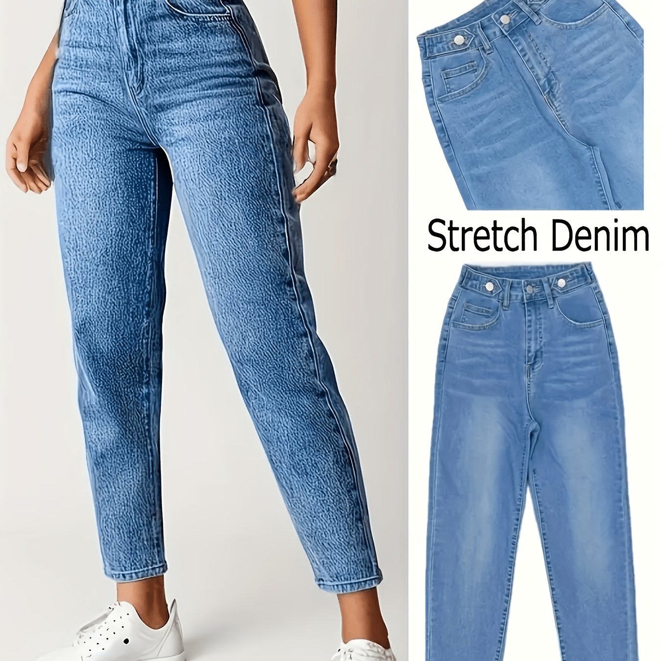 Image of Women' Plus Size High-waisted Stretch Straight Leg Jeans - Tummy Tapered Pants Suitable For Pear Shape, Machine Washable Durable Washable Fabric, Pocketed Retro Urban Style For Casual Wear (straight )