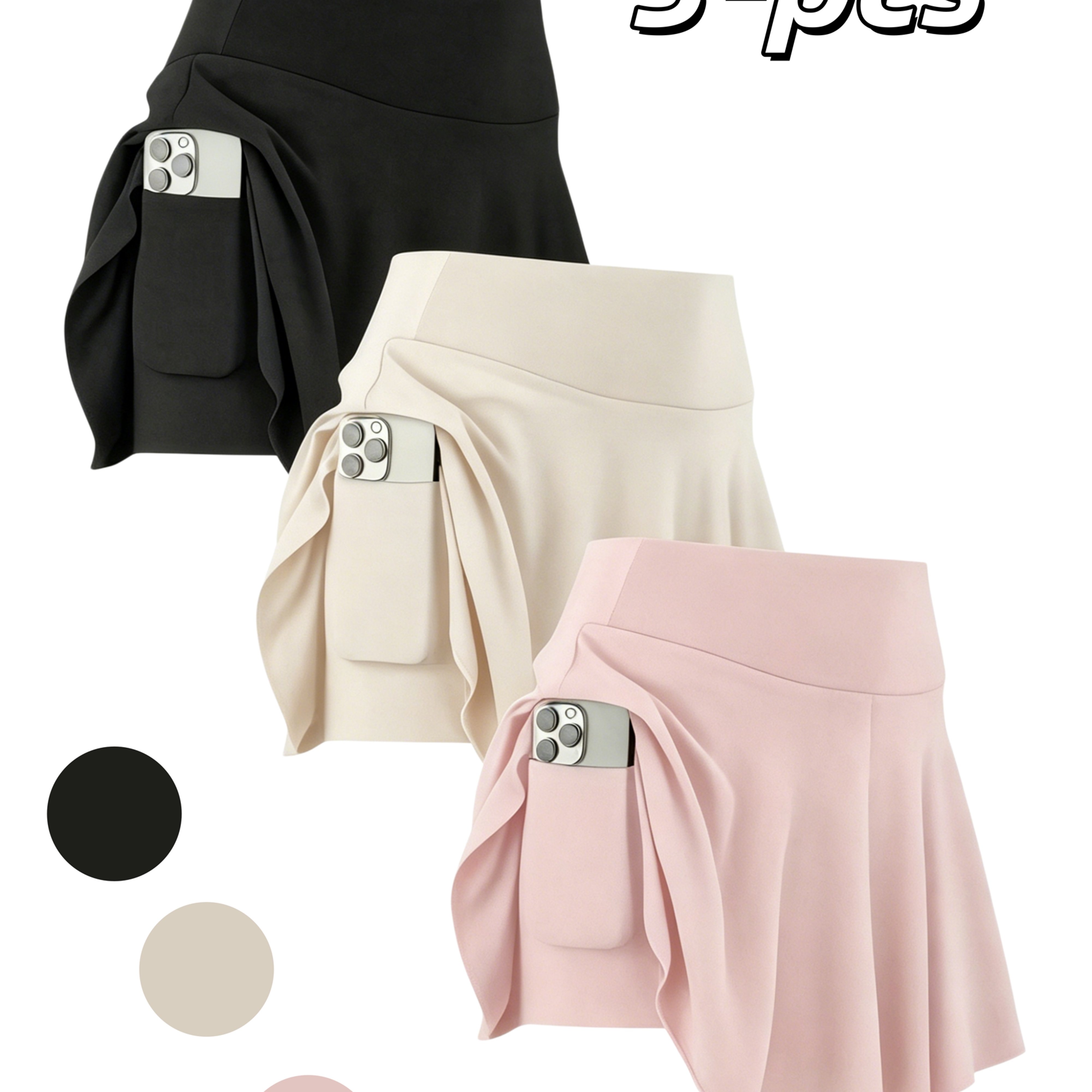 TEMU 3-pack Women's Pleated Skirts, Slim-fit & Anti-chafing Design With Phone Pockets, Quick-dry Fabric Ideal For Yoga And Workouts, Loose-fit Summer