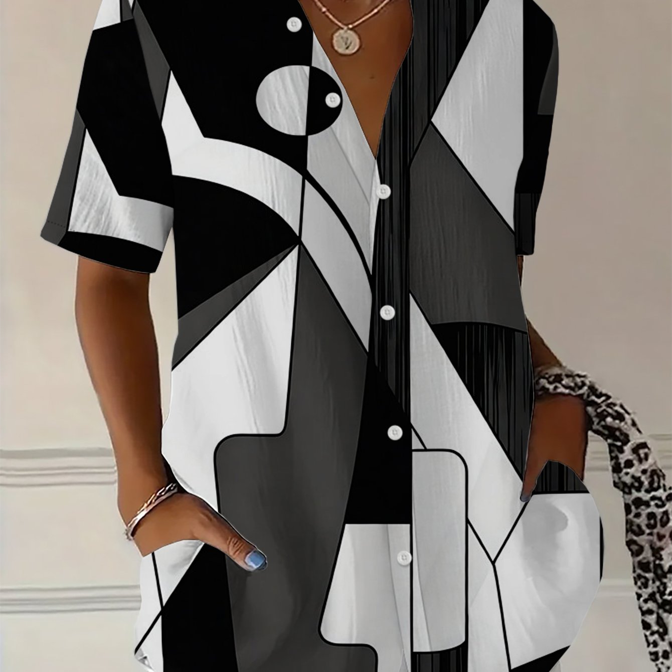 TEMU Women's Shirt: Comfortable, Loose-fitting, Printed, Elegant, Casual, And Stylish Short-sleeve Blouse With Black And White Geometric Abstract