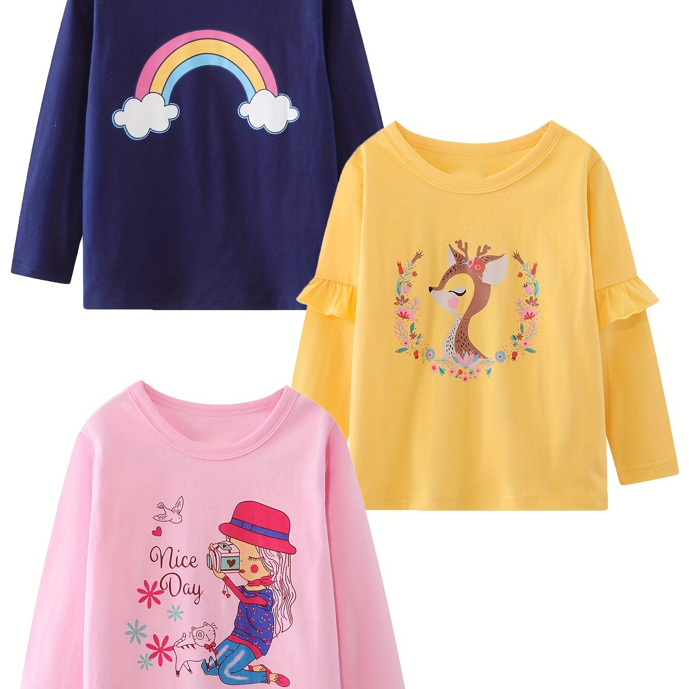 Image of 3pcs Set Girls' Long-sleeved T-shirt, Breathable, Comfortable And Casual, Round-neck Pull-up, Cartoon Girl Rainbow Deer Random Print T-shirt, Spring And Autumn Top