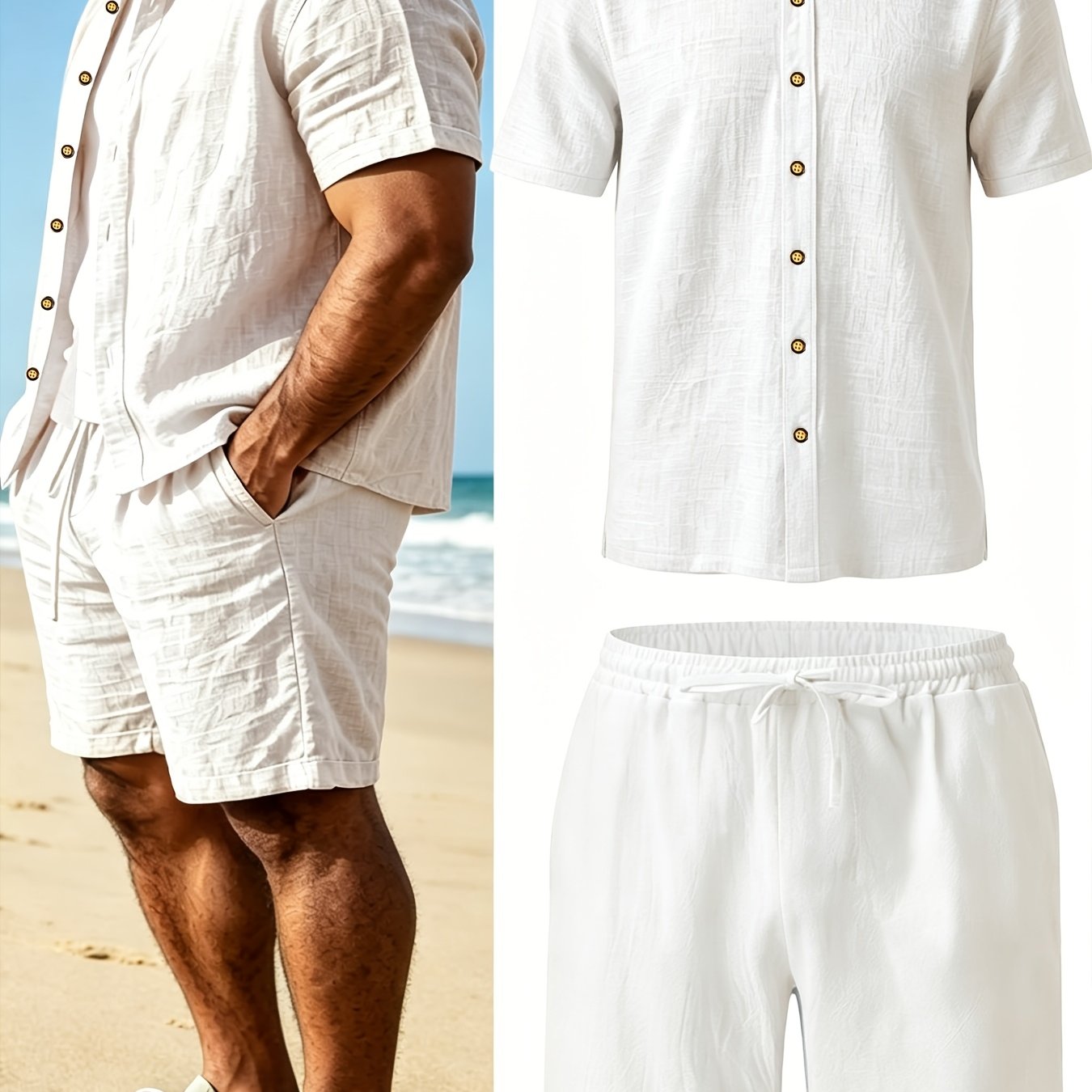 TEMU Conjunto de lino para hombre: camiseta de manga corta + shorts, juego de 2 piezas, estilo , cuello , color liso, transpirable, casual, camiseta