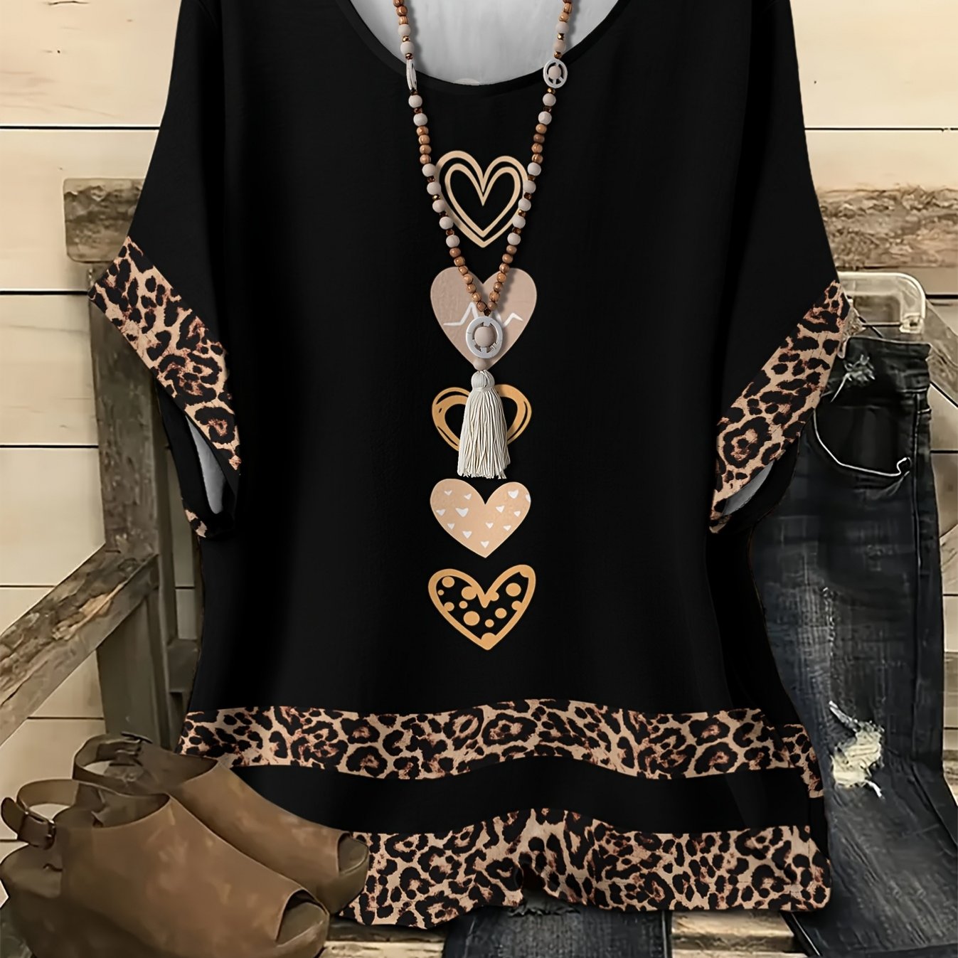 TEMU 0xl-9xl Easy Leopard Print With Heart Pattern Print Plus Size T-shirt - Casual Short Sleeve Round Neck, T-shirt Top - Women's Size Clothing -