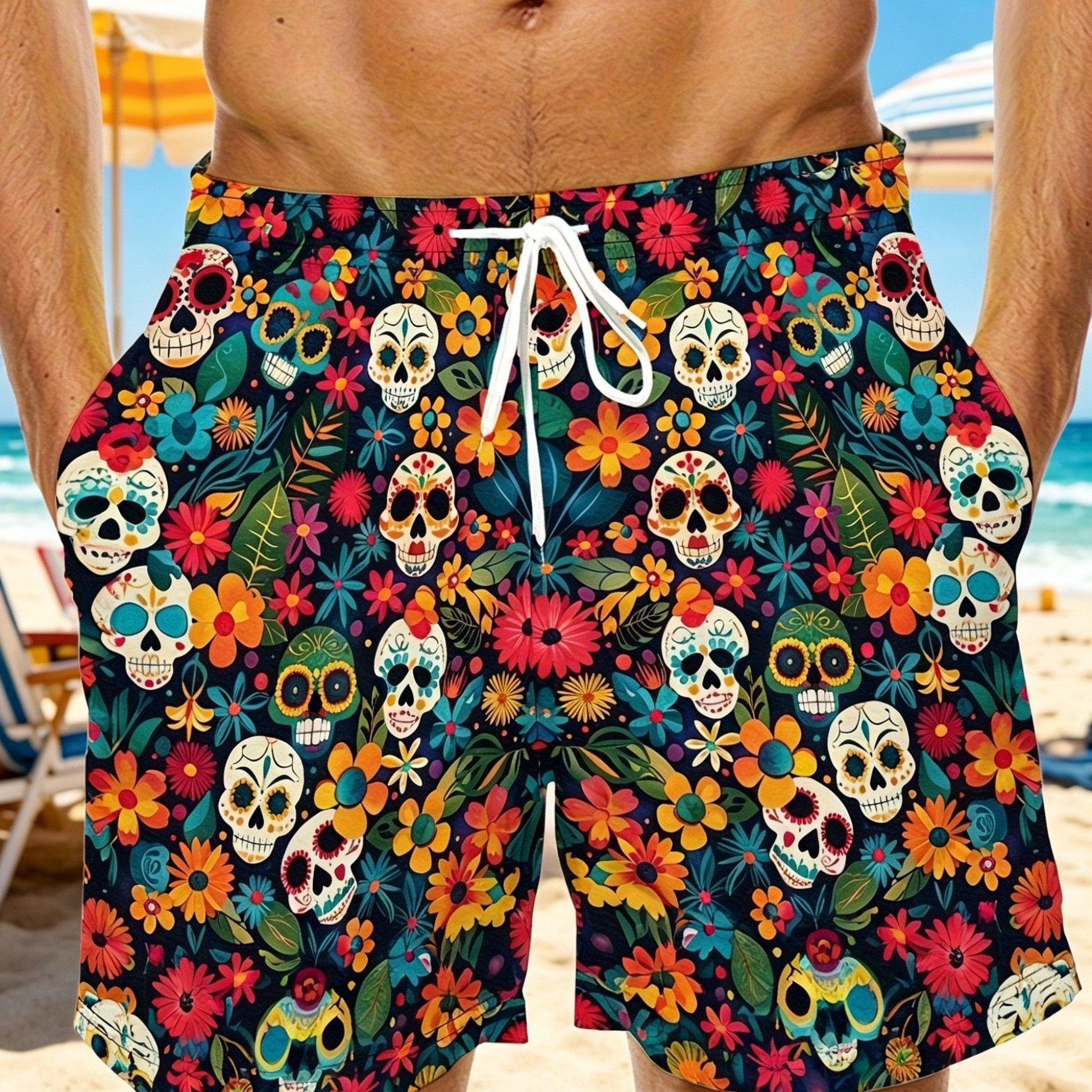 TEMU Of The Dead And Floral Print Beach Shorts, Mexican-style Sugar And , Vintage Exotic Style Casual Drawstring Shorts, Essential For Beach Swimming