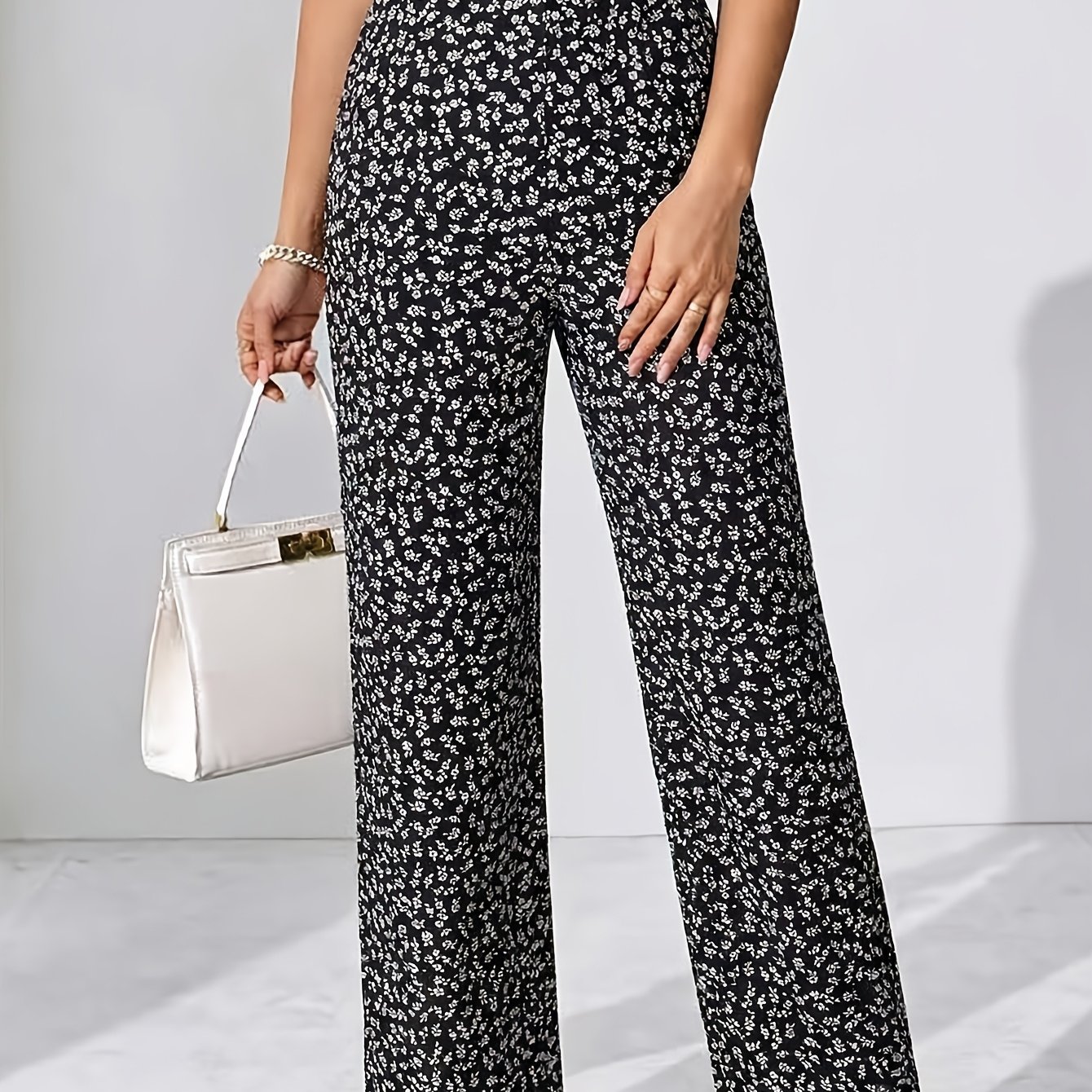 Women's Elegant Casual Stretch-waist Wide-leg Pants With Small Floral Print, Suitable For Home, , Vacations, And Occasions