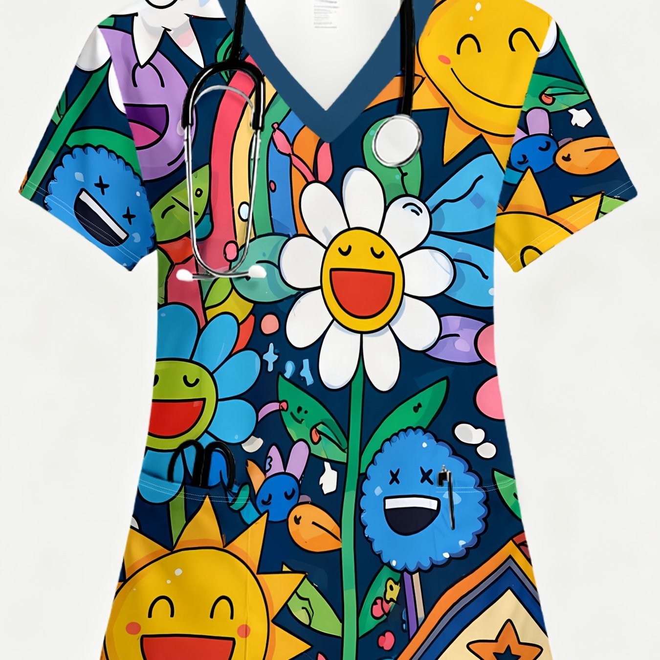 TEMU A Beautiful Women's Nursing Scrub Top - Print V-neck Short-sleeve T-shirt With A , Color Palette, Featuring Pockets | Soft, Stretchy Polyester