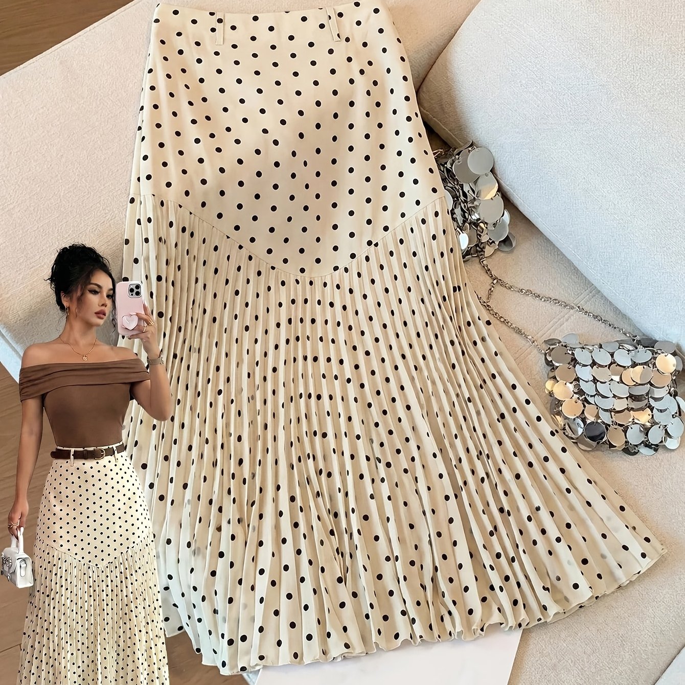 TEMU Asd1 Women's Elegant Polka Dot Print Pleated Skirt For Daily, Commuting, Casual, And Vacation Wear