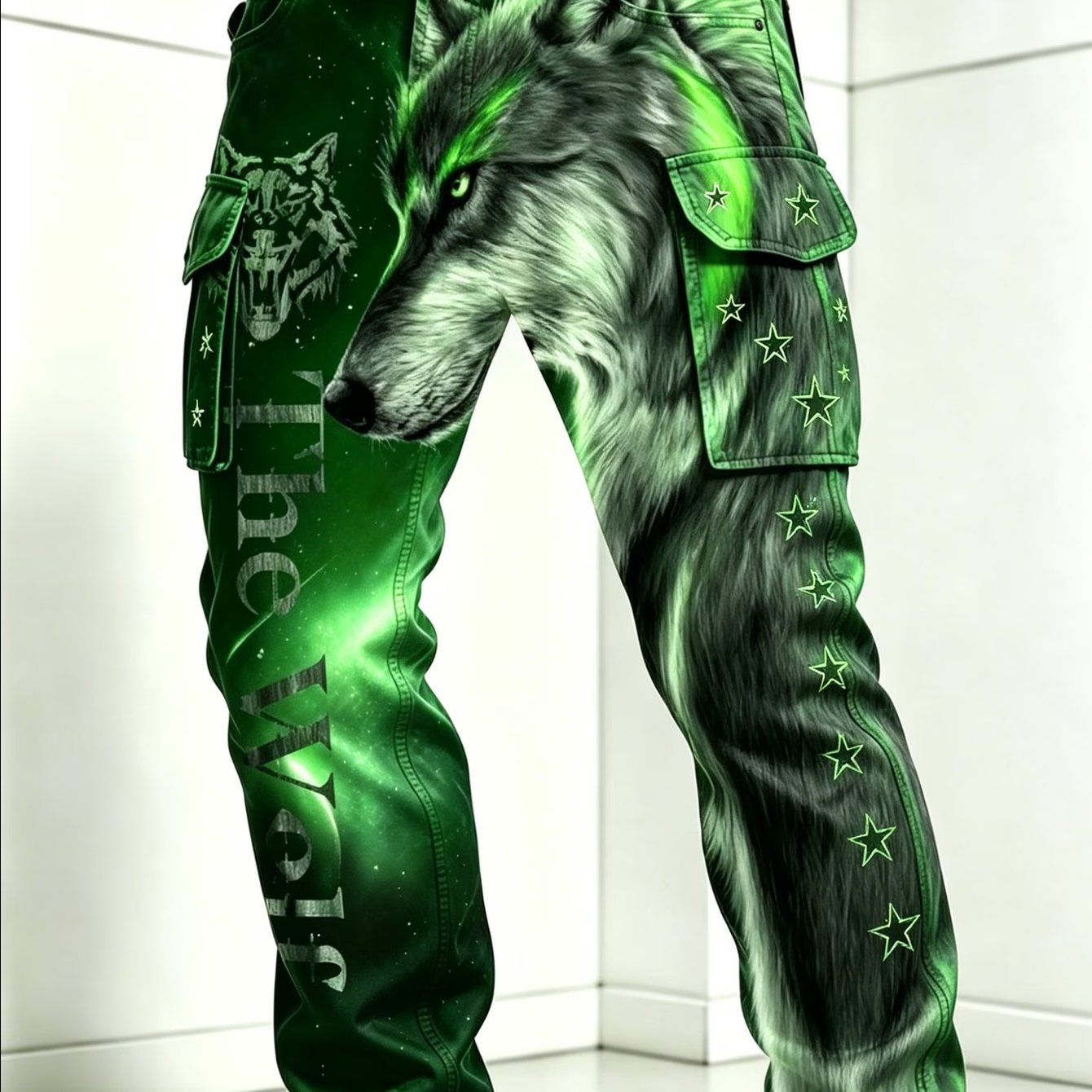 Green Wolf Cargo Pants, Casual Daily Outdoor Wear Multi-pocket Trendy Trousers, Perfect For Outdoor, For Teenager