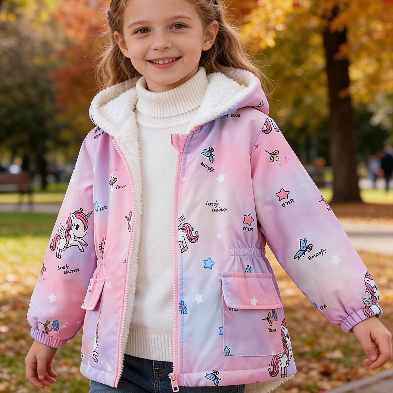 Girls' Autumn Unicorn Gradient Color Printed Soft Comfortable Faux Fur Lining Zipper Hooded Jacket
