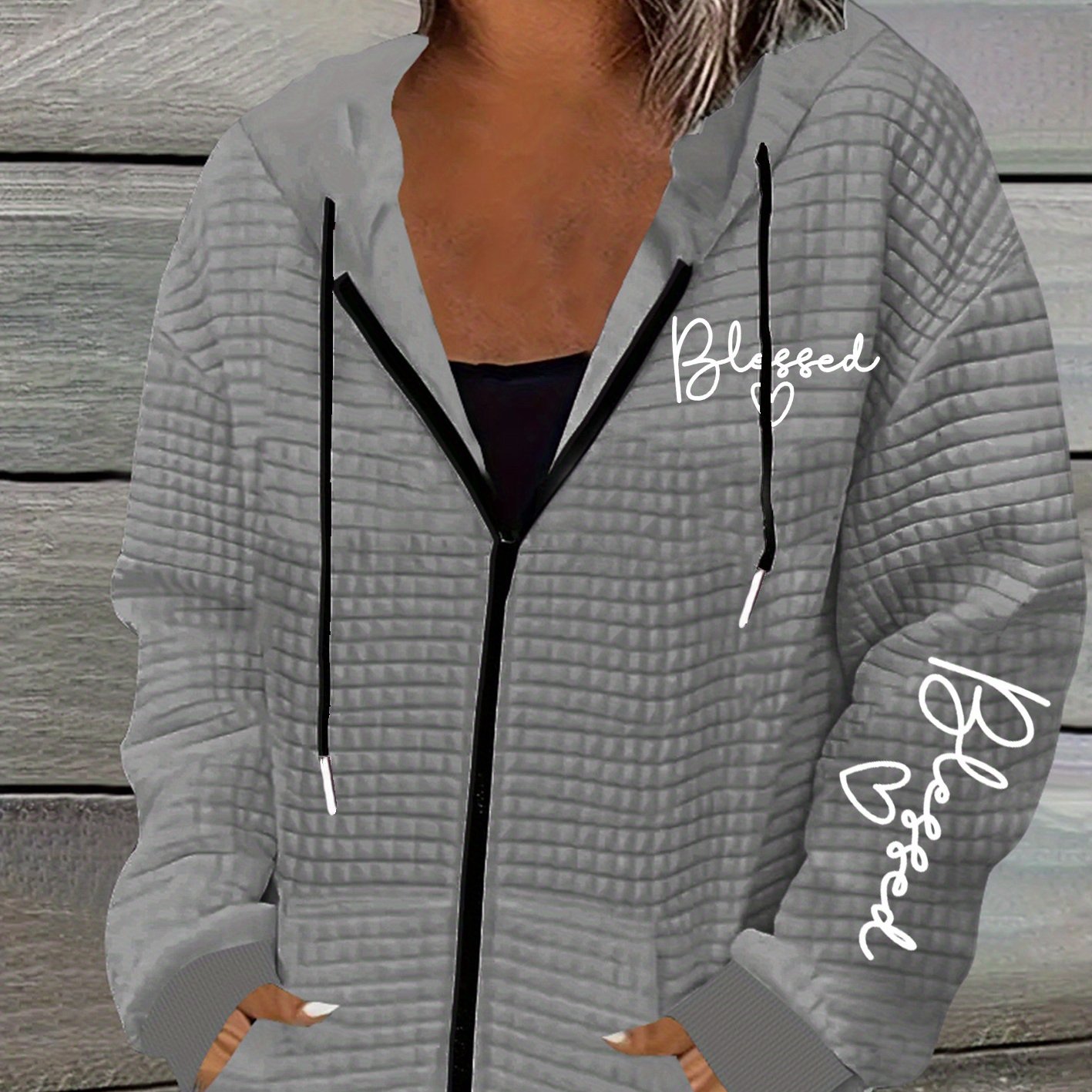 TEMU Fashion Letter Printing, Women's Casual Waffle Zipper Hooded Jacket With Drawstring - Fiber, Machine Washable, Geometric Pattern