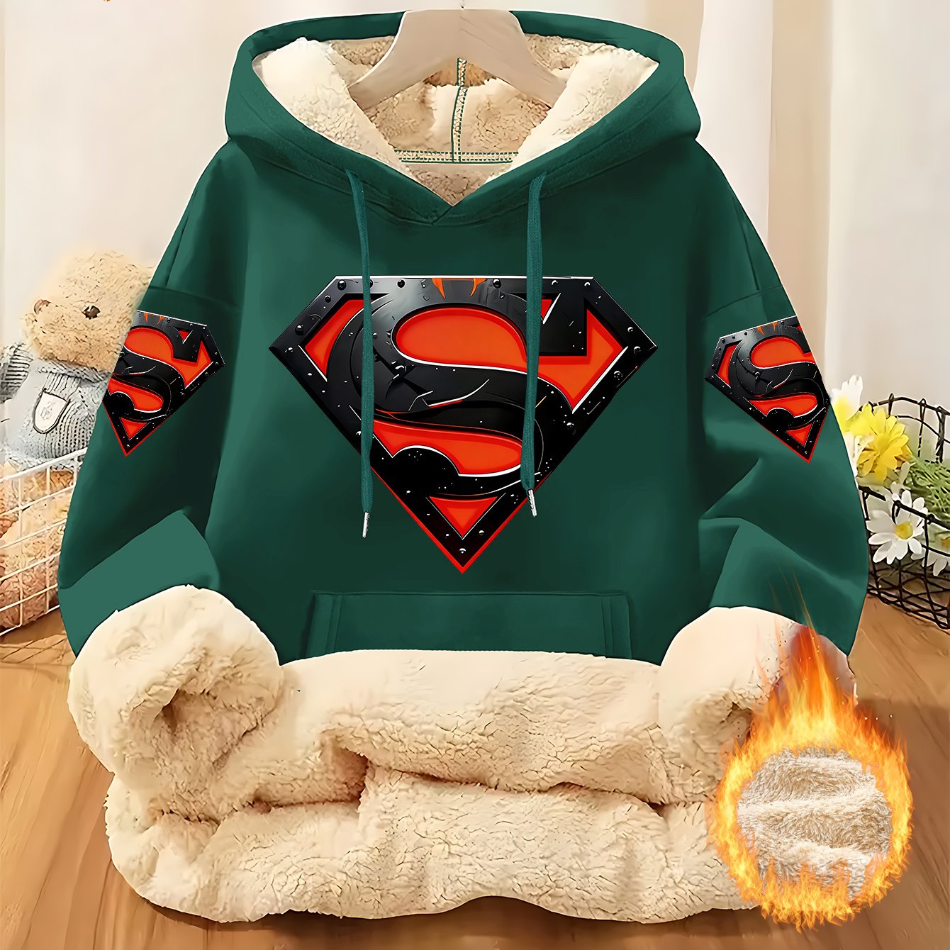 TEMU Officially Licensed By Warner , Women's Lined Hoodie 2026 New Y2k Style, 3d Metal Texture Red Black Superman Logo Print, Warm Winter Casual