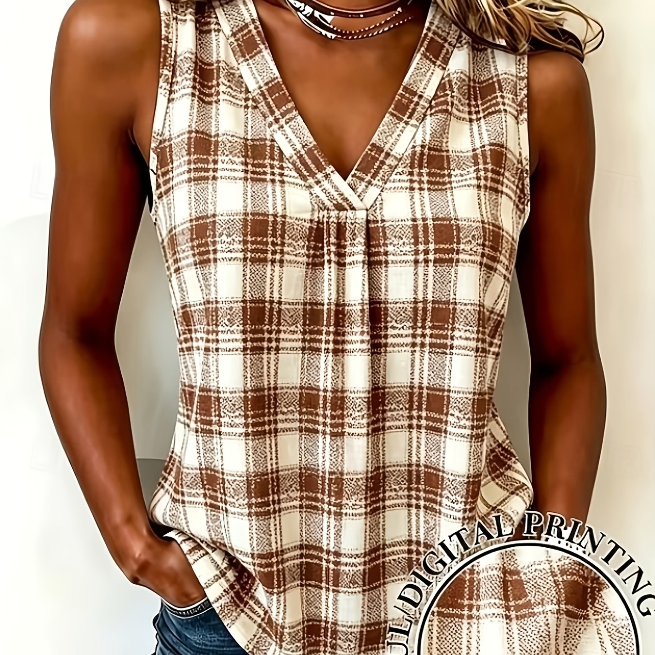 Women's Elegant Vintage Geometric Plaid V-Neck Top