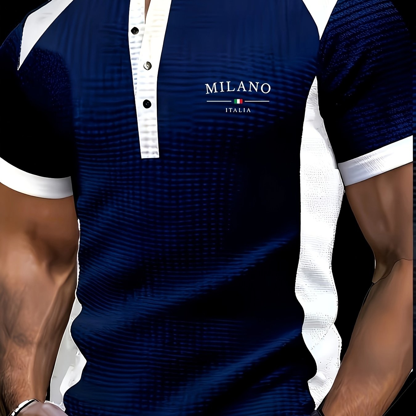 Image of Men's Waffle Henry Shirt, Short-sleeved Top With Round Tie Buttons, Print, Breathable, Comfortable And Not Tight, Suitable For Such As Golf, Outdoor Wear, Business Commuting, Fitness And Daily Life