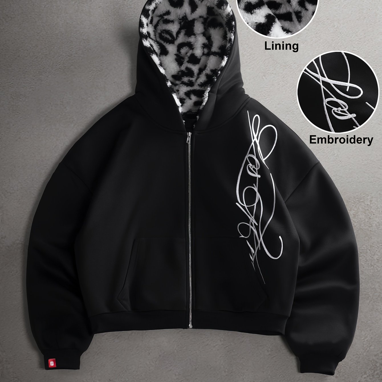 TEMU Felpa cardigan da con cappuccio e zip, stile vintage americano, corta e a vita , con in stampa leopardata per maggiore calore, di linee astratte
