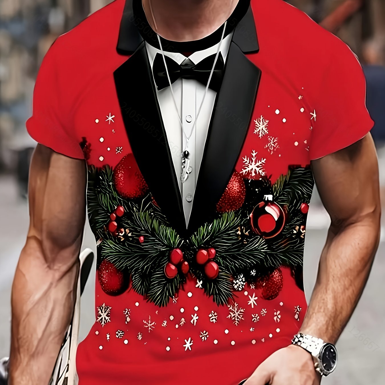 TEMU Men's T-shirt With An Festive Print - Made From Warm Fabric, This Short-sleeve Crew Neck Features Patterns Of , Snowflakes, And Pine Branches -