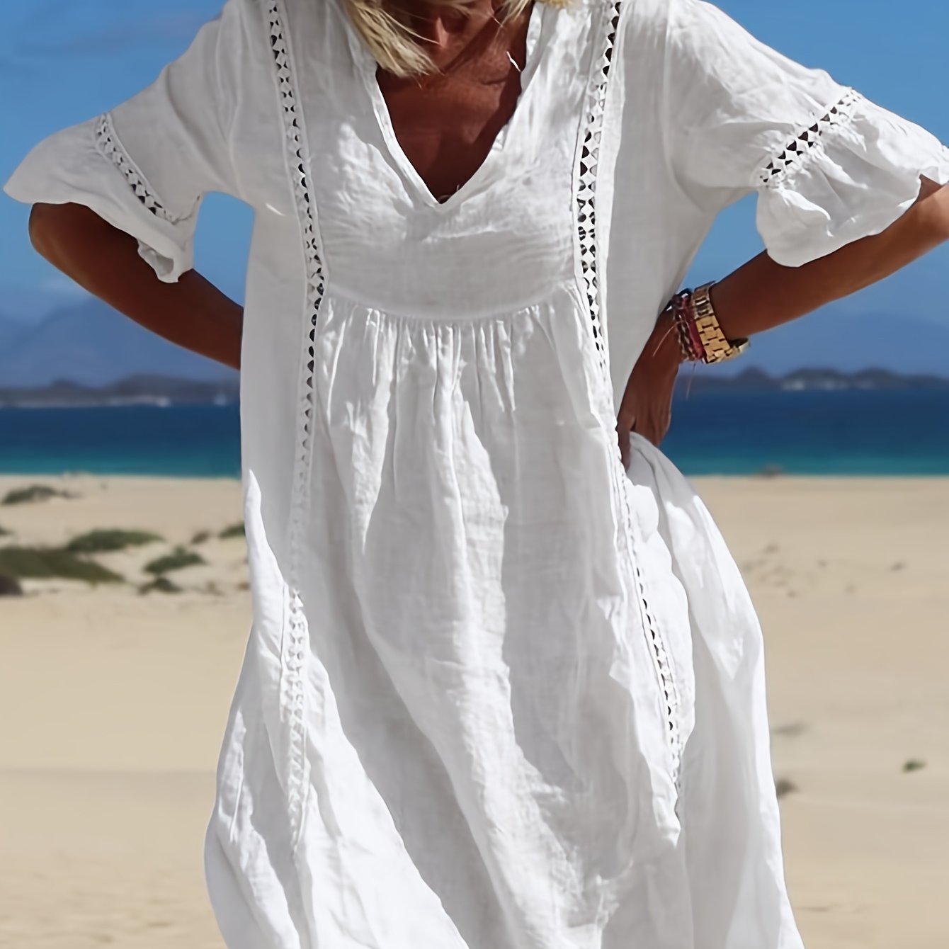 Loose Solid V-neck Short Sleeve Hollow Lace Dress