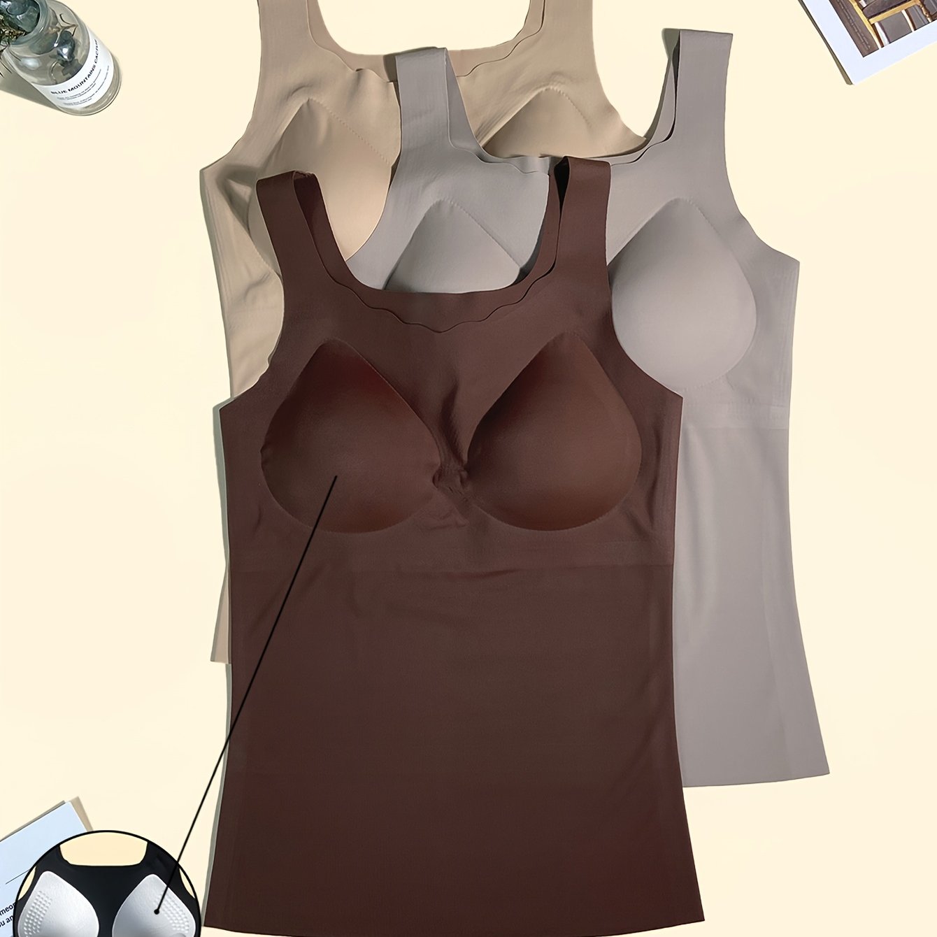 TEMU 3pcs Set New Seamless Women's Suspender Vest, Easy And Fashionable Wave Neckline, Elastic And Comfortable, Integrated Vest Top With Chest Pad