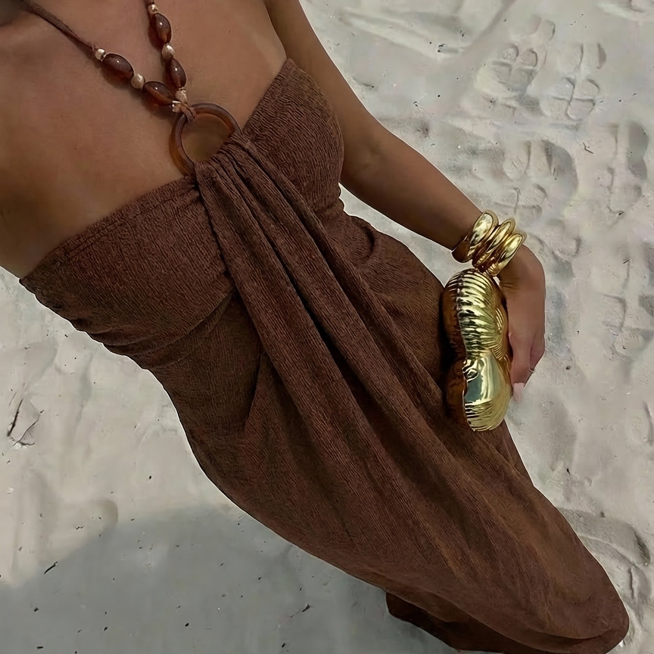 TEMU Elegant Special Women's Spring Style Hook Neck Decor Camisole Sleeveless Backless Slit Dress Women's Elegant Dress Suitable For Beach Vacation,