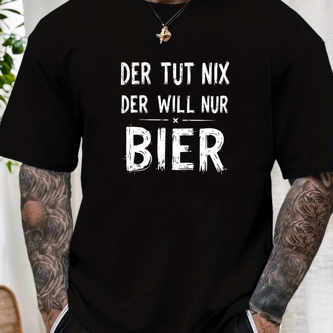 Image of Men's Beer Print T-shirt - Der Tut Nix Beer Short Sleeve Crew Neck Casual Summer Shirt Suitable For Bbq, Parties & Casual Attire, Machine Washable Apparel
