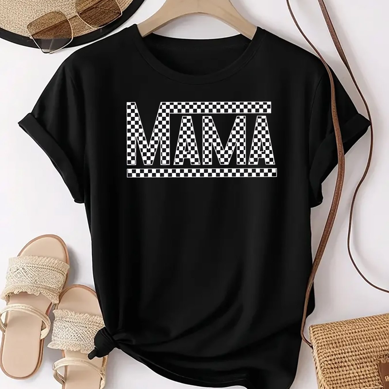 TEMU "mama" Letter Print, Black And White Checkered Design. Unique Pattern Printed Casual Neck Short Sleeve Fashionable Sports T-shirt For Women,