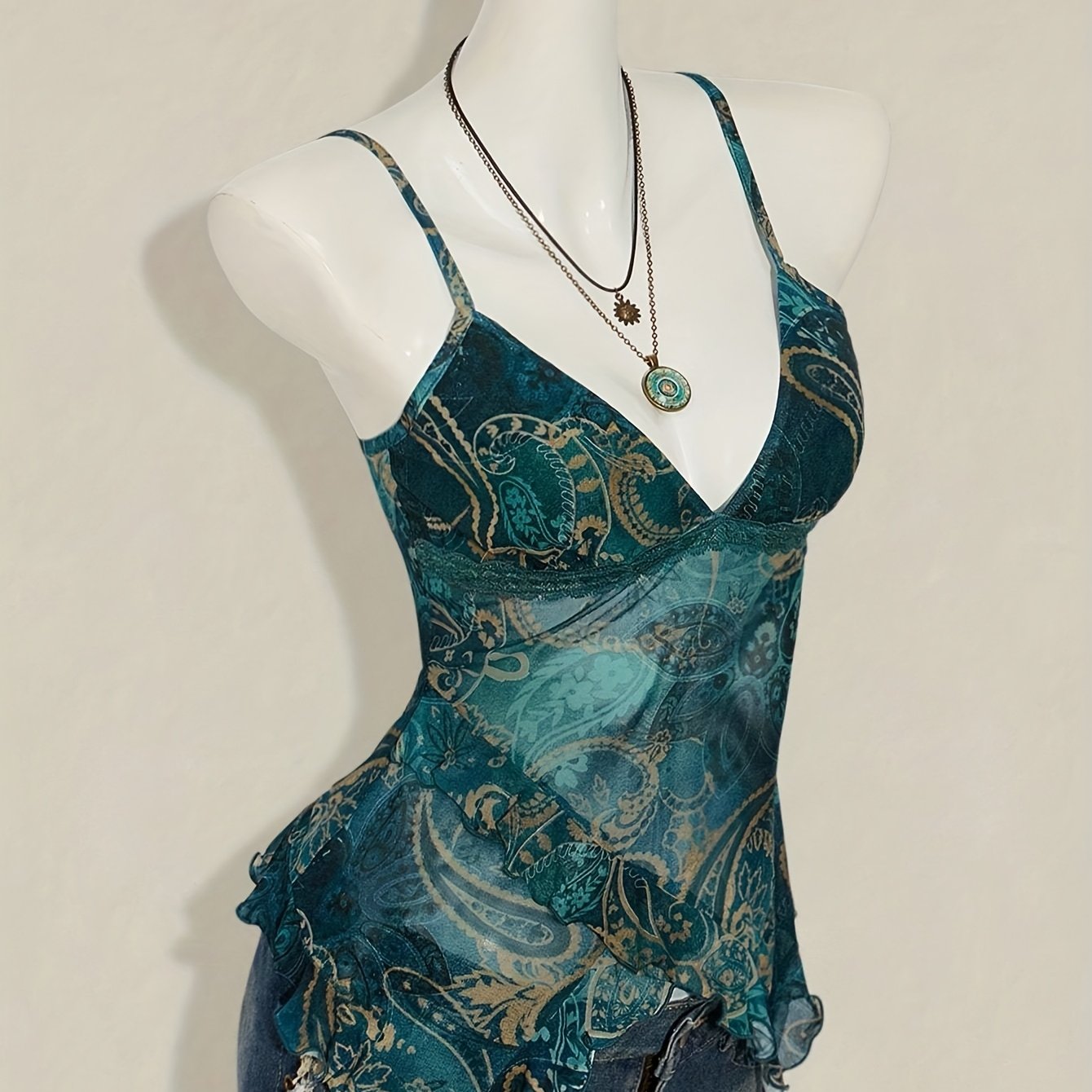 E-shop Damen Cami Top mit -Print und Rüschen, süße Sommerbluse, Ausflugstop [ZLLZ]