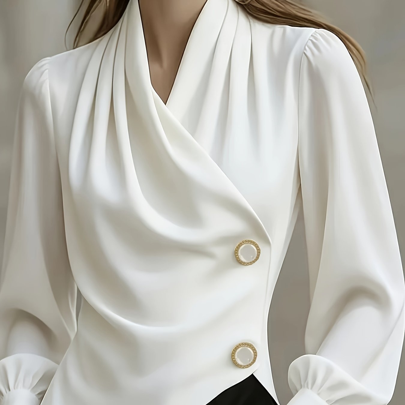 TEMU Haut Femme Élégant Facile Couleur Unie Ourlet Asymétrique Col en V Manches Longues Nouveau Top, avec Design Volant de Nuque Chemise