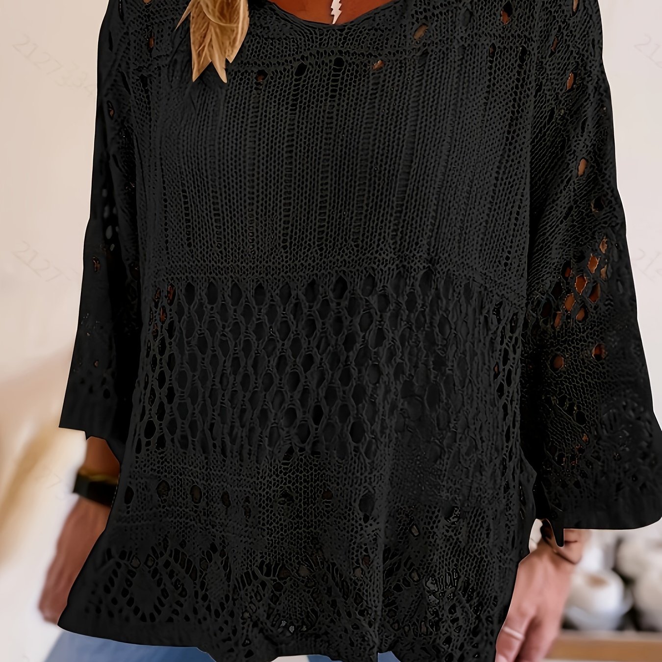 Plus Size, Directional Style Casual Hollow-out Cover-up Top, 3/4 Sleeve, Plus Size, Loose Sweater