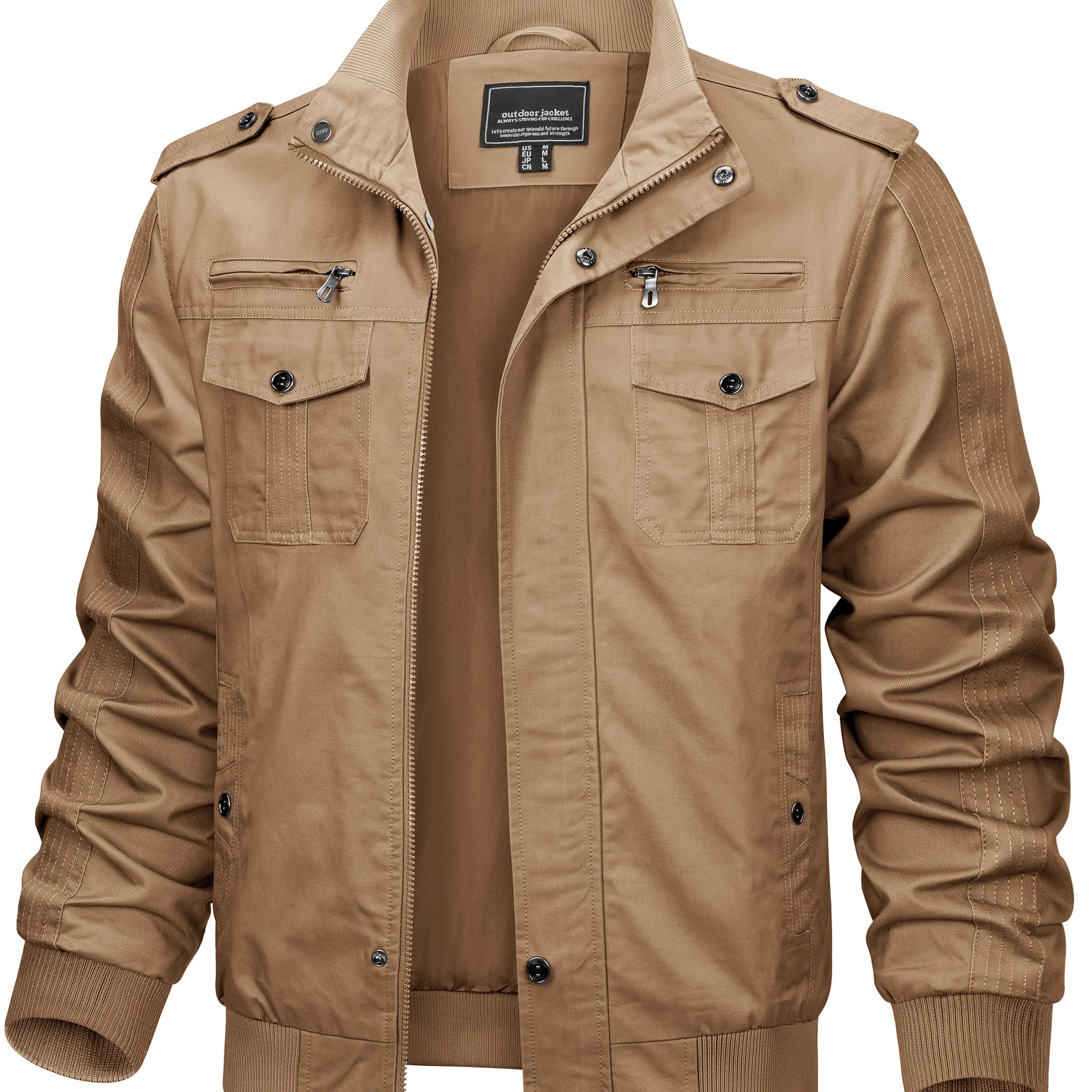 Image of Men's Vintage Lightweight Fall Winter Outdoor Jacket With Multi-pockets Warm Stand Collar Ted Ribbed Cuffs And Hem Shoulder Straps For Climbing Hiking Running Fishing Daily Wear Cargo Style Jacket