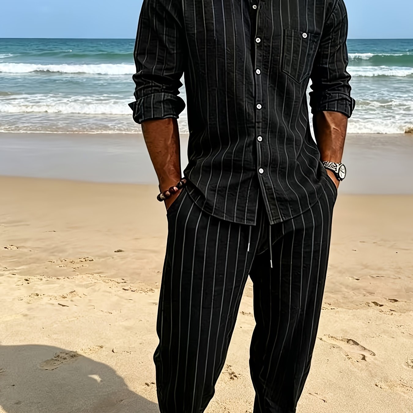TEMU Completo da 2 pezzi in lino a righe con camicia a alla coreana e pantaloni con polsini, abbigliamento casual da spiaggia