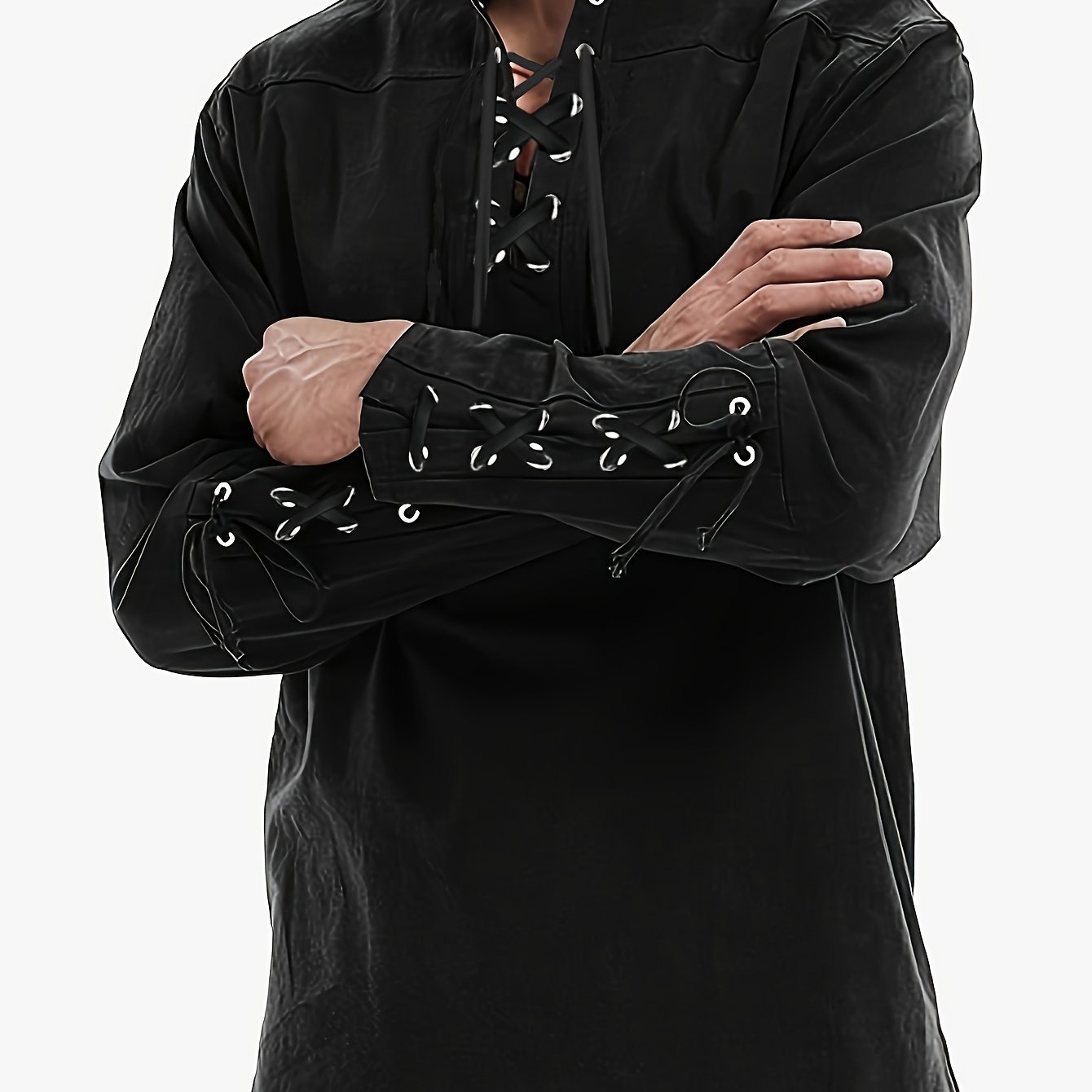 Men's Stand Collar Shirt With Drawstring Arm Bands, Medieval Viking Renaissance Halloween Costume