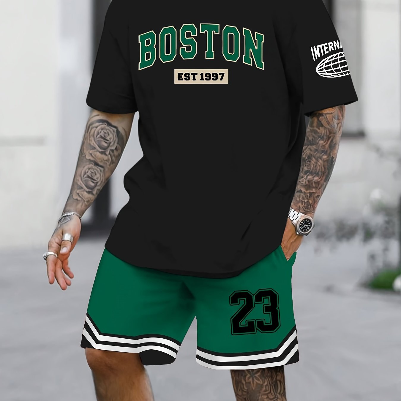 TEMU Boston 23 Print Men's Casual Fashion Set - Short Sleeve T-shirt & Matching Shorts, Polyester Blend, Machine Washable, Summer Set