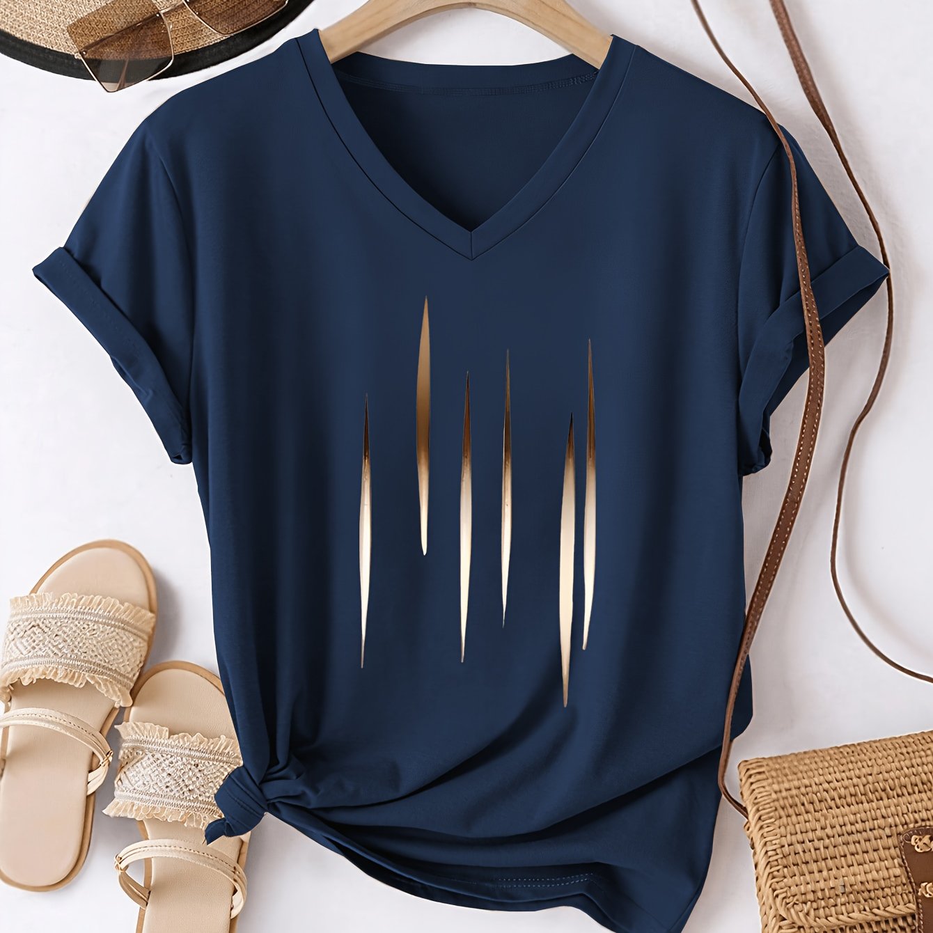 TEMU Women's Easy Gradient Geometric Pattern Printed T-shirt, V-neck Comfortable Top, Fashionable , Casual Athletic Wear, Versatile Sweatshirt,