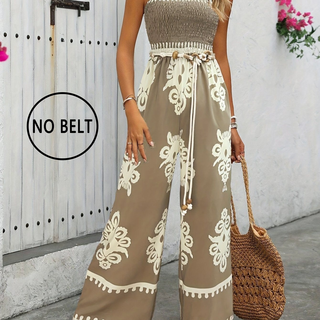 Women's Holiday Casual Sleeveless Printed Wide-leg Jumpsuit, Beltless