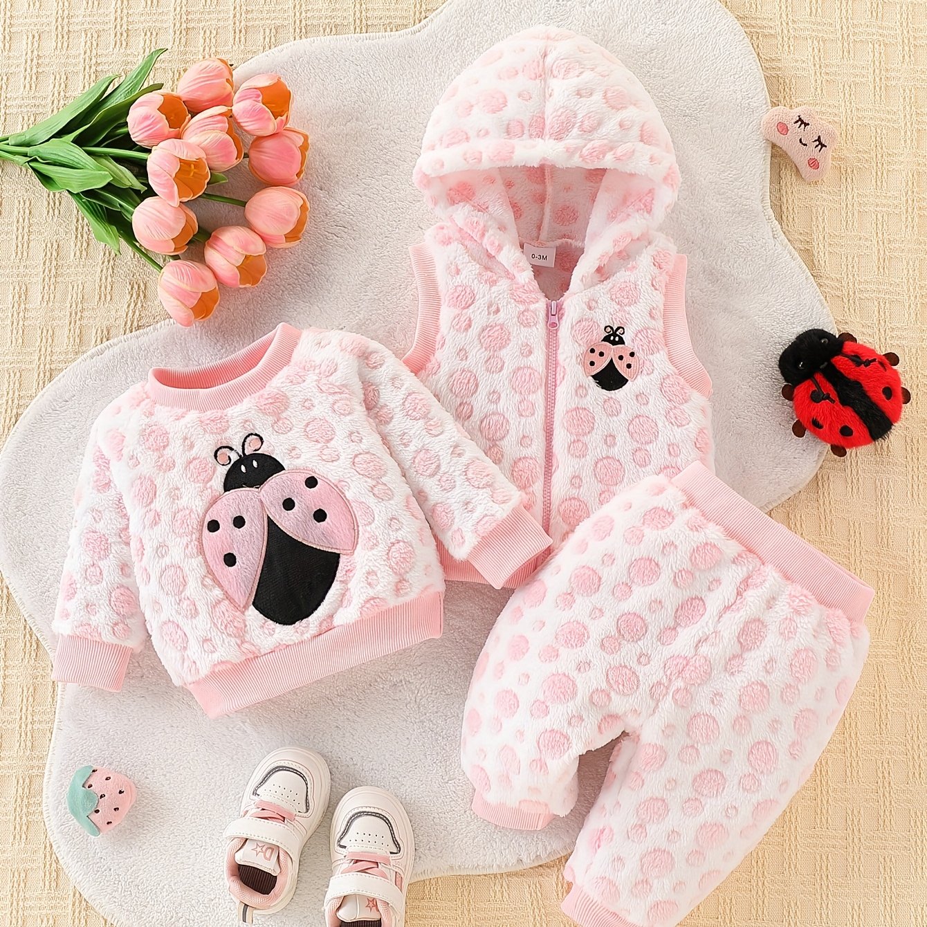 Image of 3pcs Toddler Cute Ladybug And Random Polka Dot Print Warm Fleece Set, Hooded Vest, Sweatshirt, And Casual Pants, Infant Winter Outfit, For Outdoor