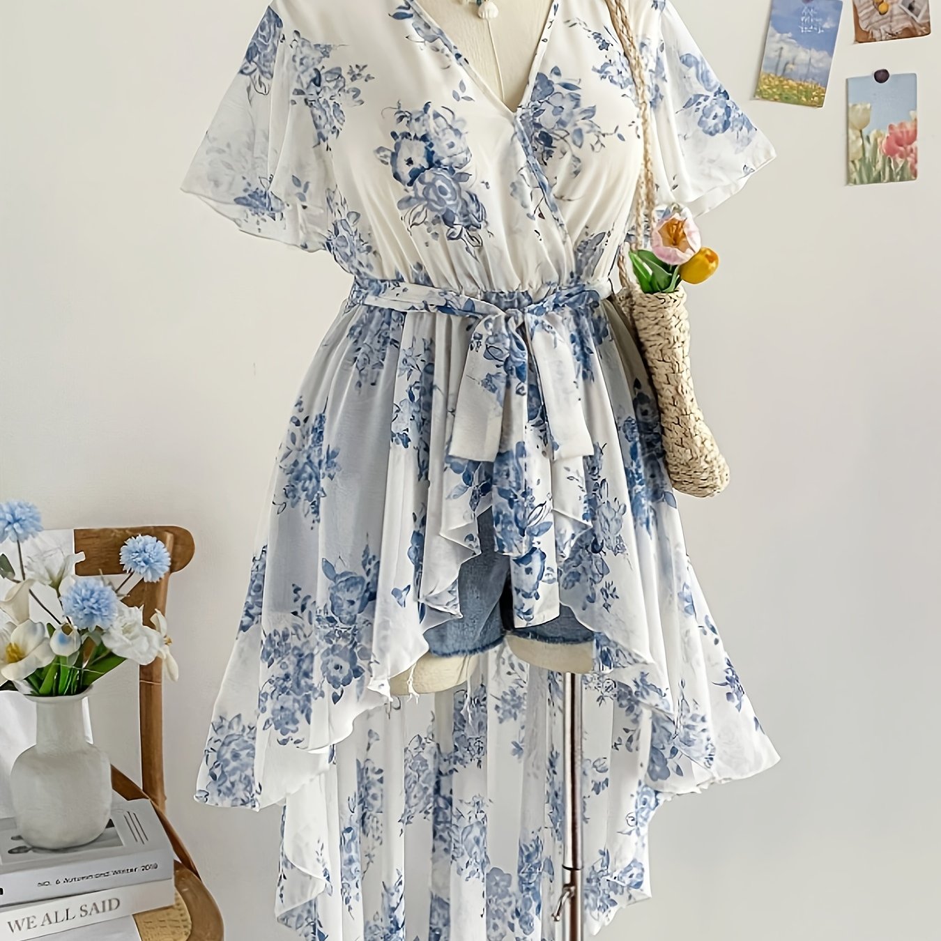 TEMU Plus Size Summer New Qinghua Porcelain Style Irregular Top V-neck Waist Tie Tapered Shirt