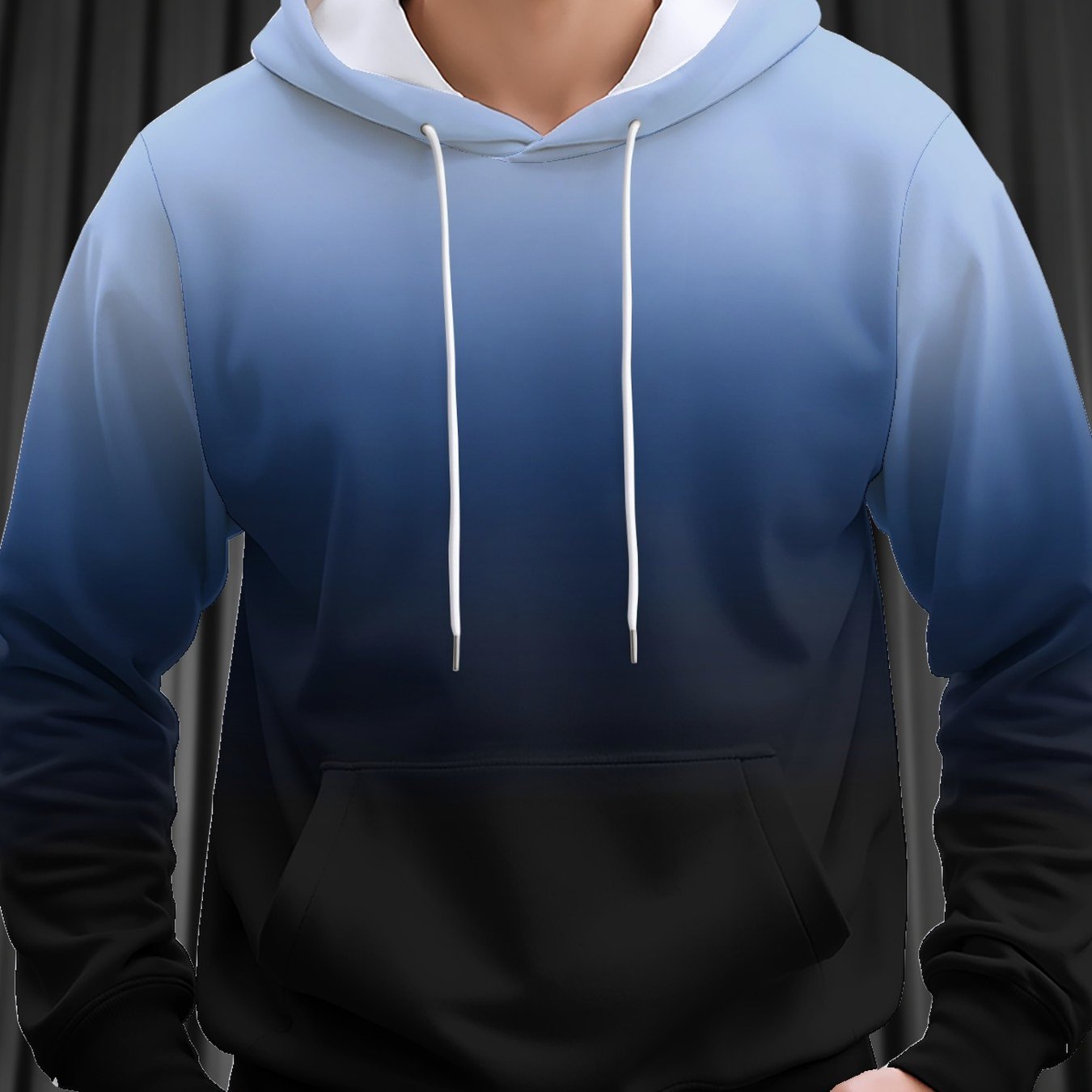 TEMU Sweat à capuche pull pour homme à manches longues avec motif dégradé bleu-noir, impression numérique, capuche à cordon de serrage, , poignets et
